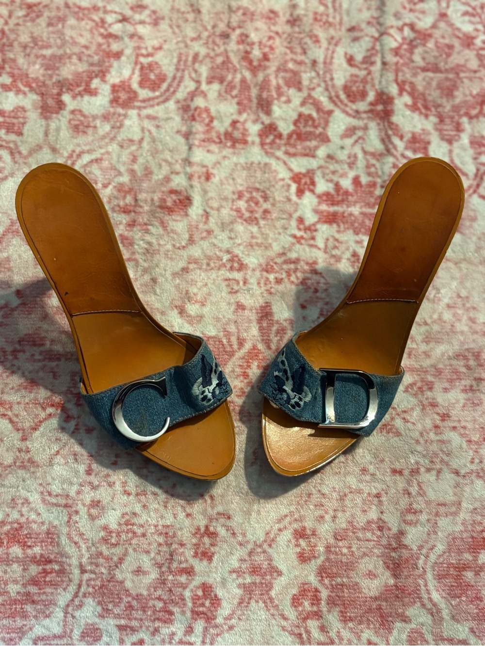 Denim Slide Sandals with Silver Buckle - Women's Brown Insole - Picture 5 of 5
